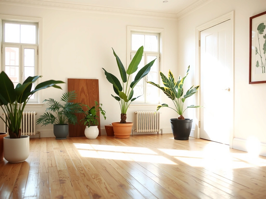Yoga studio interior with natural light and plants