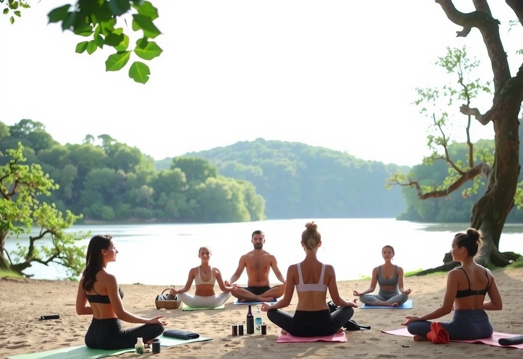 Meditation retreat with people meditating outdoors
