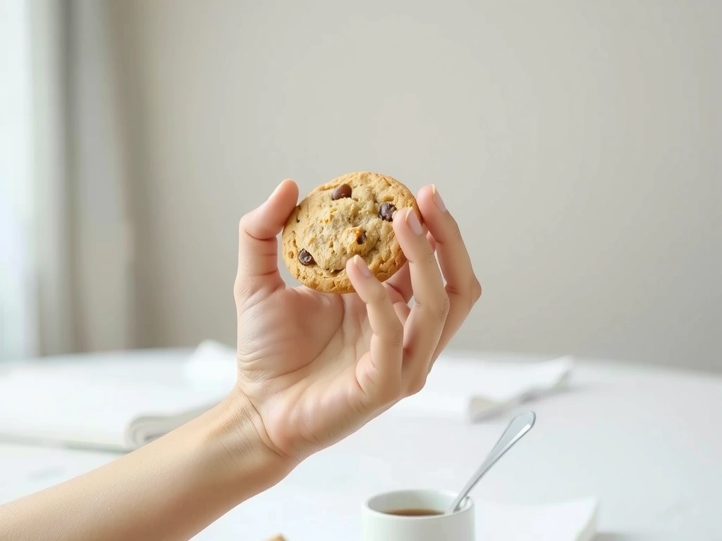 A serene hand holding a cookie, symbolizing digital comfort and privacy.