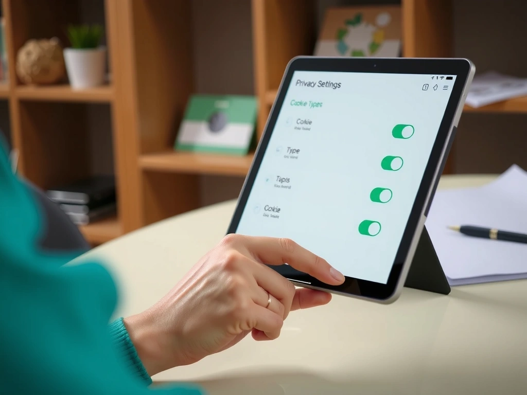A hand interacting with a digital cookie settings interface on a tablet, symbolizing user control over privacy.
