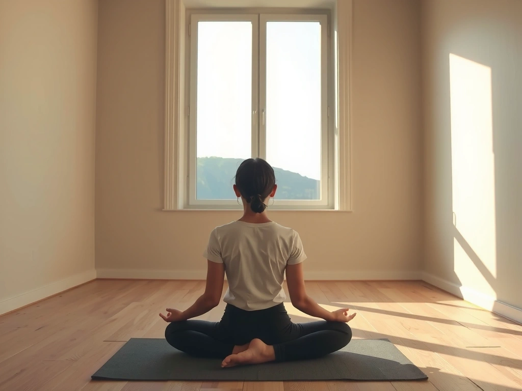 A person meditating by a window, symbolizing inner peace and mindfulness.