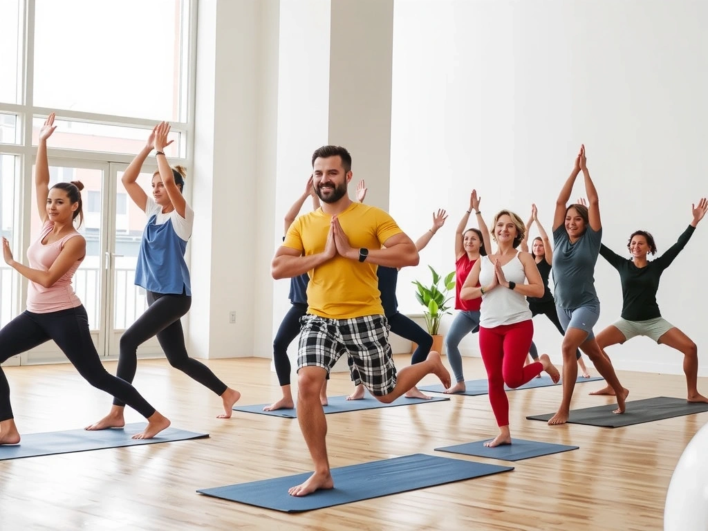 Diverse group of people practicing yoga together in a bright studio, showing inclusivity.