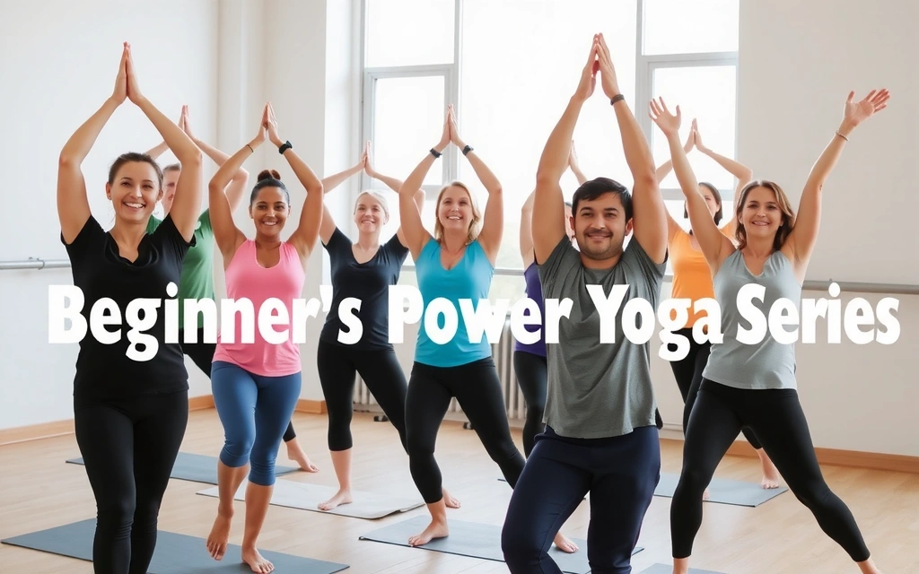 Energetic group of beginners practicing power yoga poses in a modern studio setting.